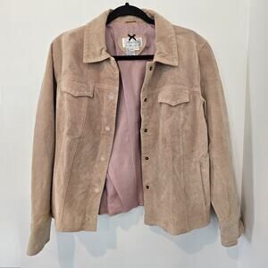 Womens Tan Suede Leather Jacket Size L Pockets Snap Buttons Brown Fall Lined